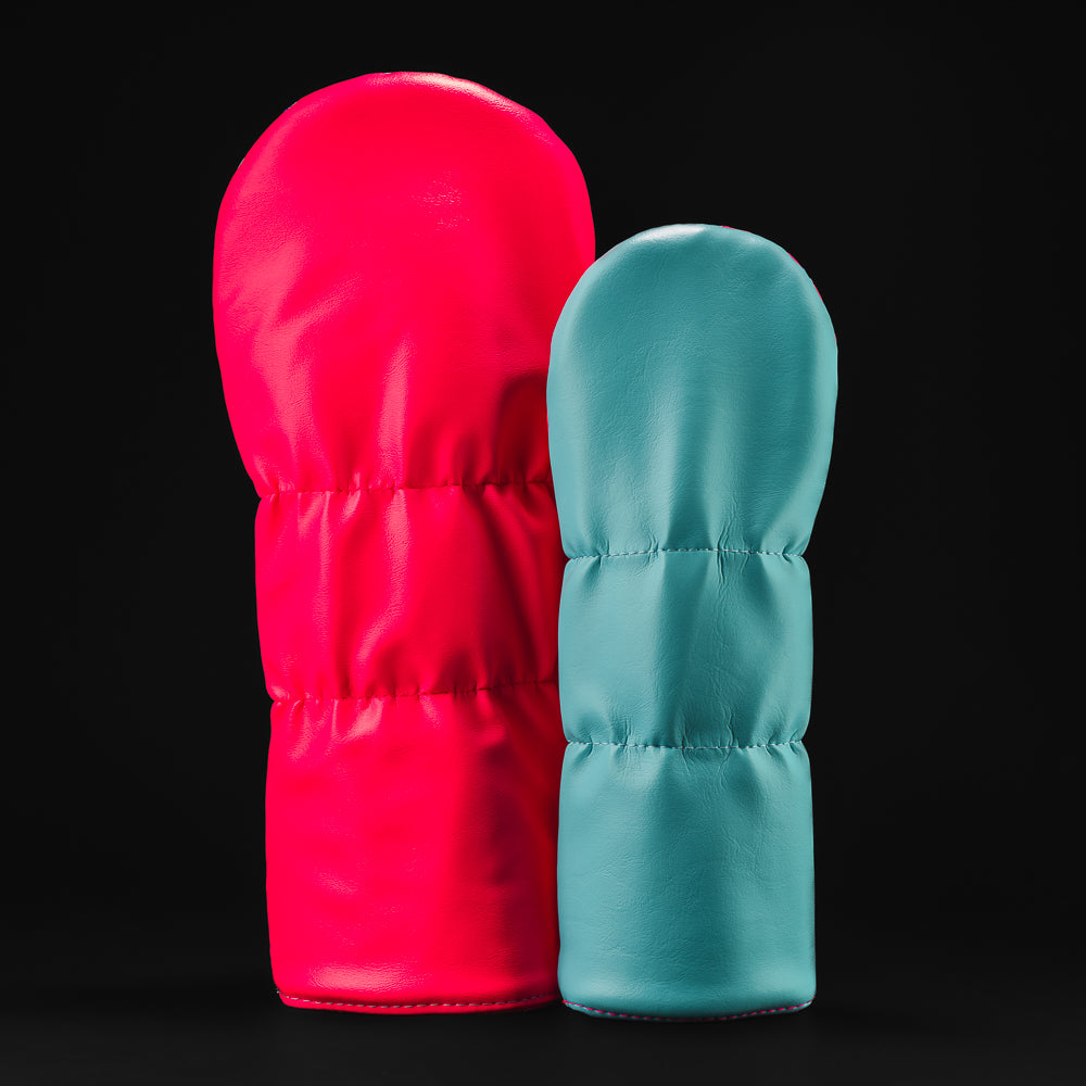Neon Pink and Light Blue Gigantic George Wood Set golf headcover.