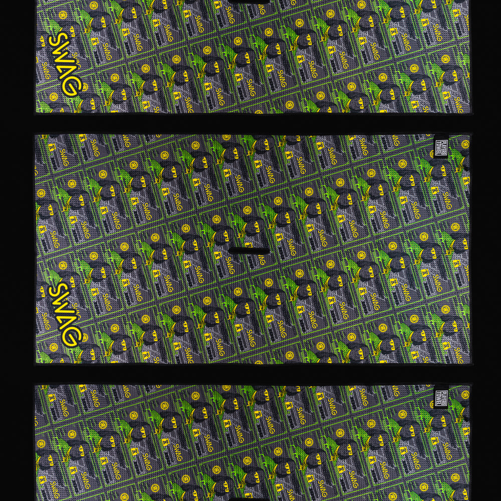 Swag Golf x Players Towel black, green, and yellow golf players towel accessory.