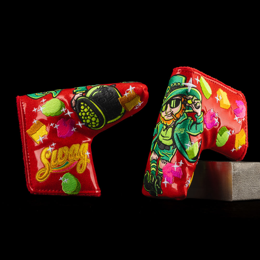 SWAG Golf Pot O' Mulligans red and green lucky cereal themed blade putter golf headcover made in the USA.